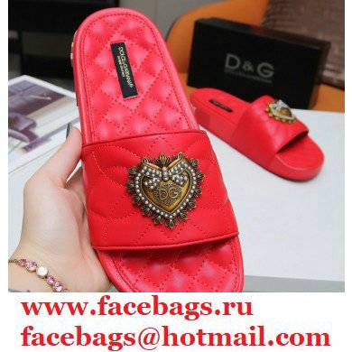 Dolce & Gabbana Matelasse Leather Beachwear Sliders Red with Devotion Heart 2021